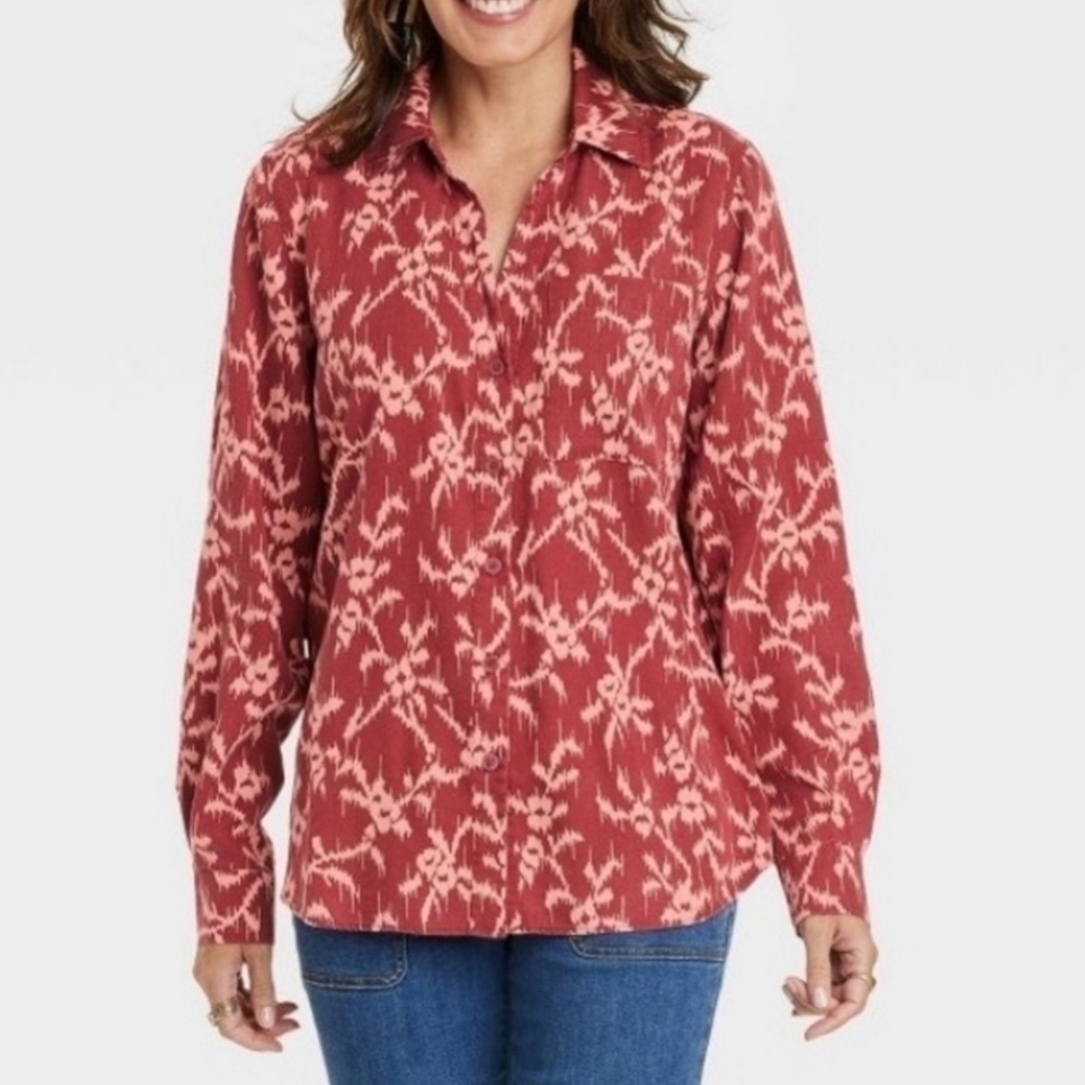 Knox Rose Button Down High-Low Long Sleeve Shirt - RED & CREAM - NEW!